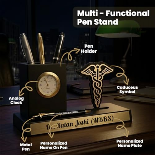 Image of Giftana 2 in 1 Personalized Desk Table Organizer with Pen Gift Set for Doctors, Customized Pen Stand Table Clock & Calendar, Customised New Year Corporate Gift Set for Employee (4 in 1Doctors Symbol)