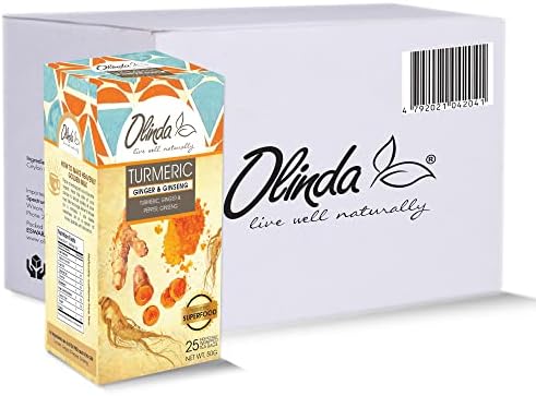 Olinda Turmeric, Ginger, and Ginseng Herbal Tea, Anti-Inflammatory, Antioxidant-Rich | Caffeine-Free Tea Bags, Brew Hot or Cold, 28 Tea Bags - Pack of 6