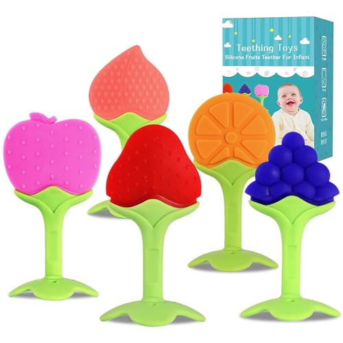 Image of 5 PCS Baby Teething Toys, Bagvhandbagro Soft Fruit Teething Toys for Babies Over 3 Months, Silicone Baby Teethers Stick Freezer Safe for Infants and Toddlers