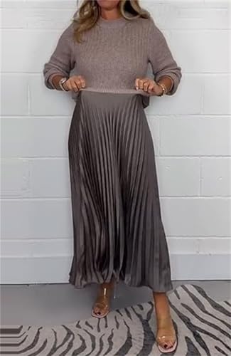 Women's Solid Color Long Sleeve Jumper & Pleated Bottom Dress Fashion,Casual Patchwork Sweatshirt Crewneck Maxi Dresses3