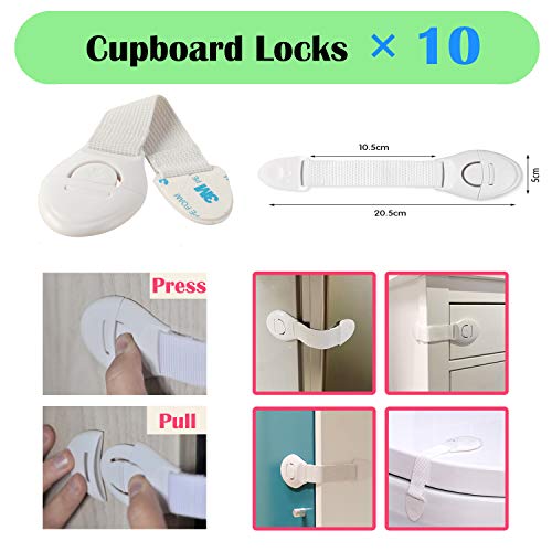 Baby Proofing Kit (48 Piece) -20 pcs Socket Covers + 10 pcs Cabinet Locks + 10 pcs Cupboard Locks + 4 pcs Rectangular Locks + 4 pcs Foam Door Stoppers