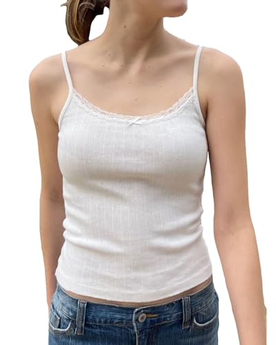 Cioatin Women Cute Y2K Lace Trim Bow Pointelle Knit Crop Cami Tank Sleeveless Slim Fit Minimalist Summer Going Out Tops Girls