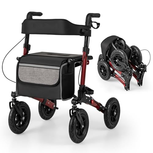 RELAX4LIFE Deambulatore per Anziani con 4 Ruote Pneumatiche, Portata Max 140KG, Rollator Girello Pieghevole in Alluminio Ultraleggero con Sedile, Massima Comfort all'Aperto (Rosso, Avanzato)