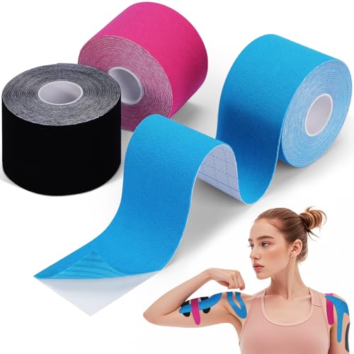 Oamwrae 3 Rollos Cinta Kinesiologica, 5m x 5cm Kinesiotape, Elástica y Transpirable Esparadrapo Deportivo para Rodilla, Músculos y Ejercicio (Azul, Rosa, Negro)