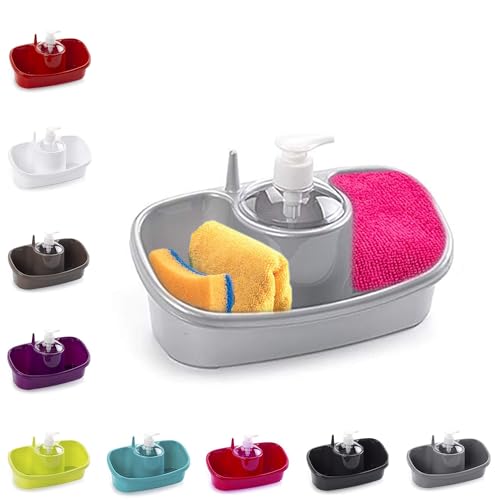 Plastic 3 in 1 Washing Up Liquid Soap Dispenser with Pump Head & Sponge Holder For Kitchen Bathroom, Sink Soap Dispenser, Portable Sink Organizer Rack (Silver)
