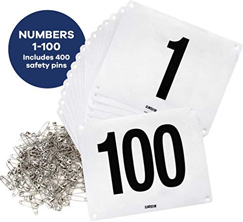 Clinch Star Running Bib Large Numbers with Safety Pins for Marathon Races and Events - Tyvek Tearproof Waterproof 6X7.5 (1-100)