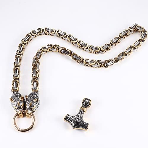 ADRAMATA Thors Hammer Necklace for Men Stainless Steel Norse Necklace Fenris Wolf Byzantine Chain Necklace Viking Pendant Necklace Mjolnir Thor Hammer Pendant Necklace Mens Viking Necklace Jewellery
