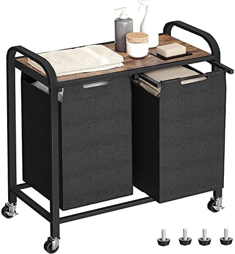 ALOFA Laundry Hamper, Laundry-Basket with lid, Laundry Room Organization, 2x46L Pull Out and Removable Laundry Bags with Letter Stickers, Metal Frame Made Laundry Sorter Classified Storage Black