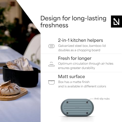 Image of LARS NYSOM Bread Box I Metal bread box for long lasting freshness with non-slip pads I Baked goods Bin with bamboo lid usable as cutting board I 13.6x7.3x6.2in (Stone Blue)
