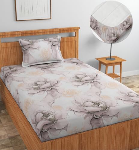 Image of NHD HOME Premium Microfiber Elastic Fitted Bedsheets with 1 King Size Pillow Covers | Single Mattress Bed with All Around Elastic 200 TC Supersoft | Size - 72 x 36 +6 inches | Pearl Magnolia