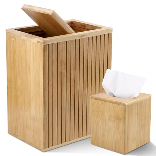 BSSN Bamboo Waste Basket and Tissue Holder,3 Gal Decorative Bathroom Recycling Trash Can, Farmhouse Rustic Trash Bin Tissue Box Cover Square Cube, for Bathroom, Bedroom, Dinner Table, Office, Kitchen