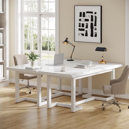 Image of Tribesigns 63 Inches Computer Desk, Rectangular Writing Table with Solid Wood Legs and Thickened Desktop for Work Study, Modern Simple Executive Desk Workstation for Home Office (White)