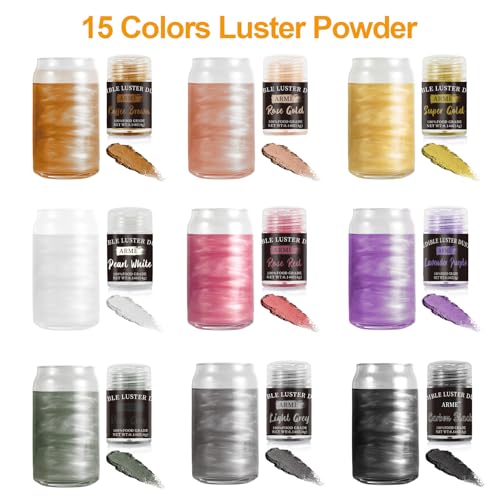 Arme Edible Glitter Set for Drinks，15 Colors Food Grade Edible Powder，Shimmer Luster Dust Sprinkles for Cake Decorating，Cookie Cupcakes, Fondant, Dessert, Candy(4g/Bottle)