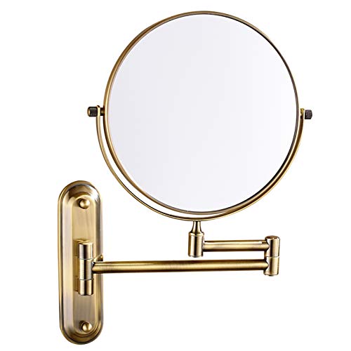WVQIJEVLK Adjustable Makeup Mirror, 8 inch Double Sided Shaving Magnifying, Wall Mounted Bathroom Extendable Cosmetic Vanity Mirrors,Brass,5X(Brass,3X)