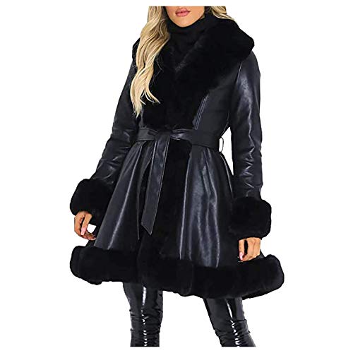 DEATU Women's Faux Leather Open-Front Jacket Dressy Belted Coats Outerwear Overcoat with Faux-Fur Collar and Cuff Hem (Black,Small)