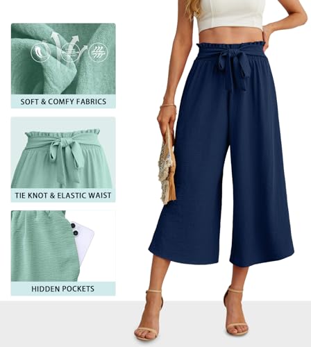 Image of IWOLLENCE Women Flowy Loose Wide Leg Pant Summer Beach Casual Trousers high Waist Adjustable Knot Business Work Casual Pants