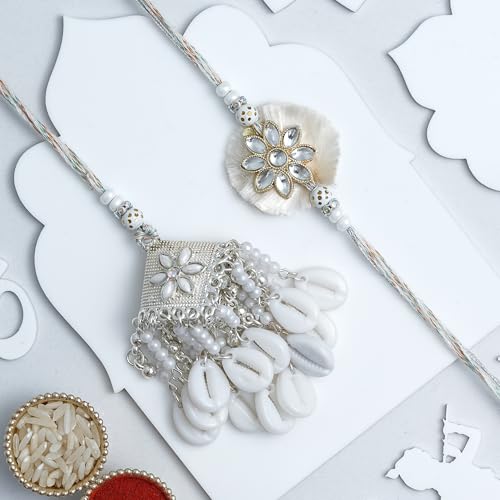 Image of eCraftIndia White Silver Pearl Shankh Kundan Designer Bhaiya Bhabhi Rakhis with Best Bro Ever Fridge Magnet | Set of 2 Rakhi for Brother and Bhabhi | Lumba Rakhi | Roli Chawal Pack