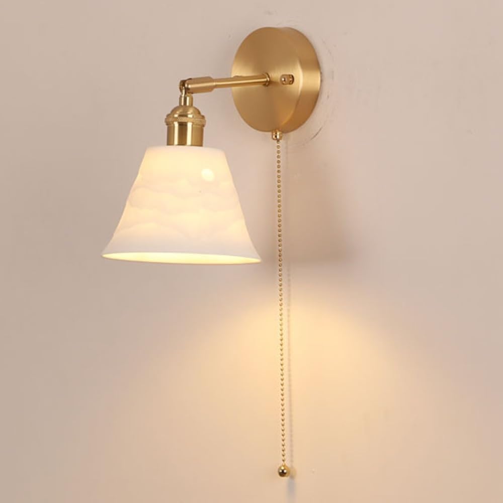 ITOSUI Brass Wall Sconce with Pull Chain Switch, White Ceramic Wall Lamp Shade, Bedroom Headboard Wall Light Fixture, Porcelain Wall Sconces for Living Room, Hallway, Stairwell