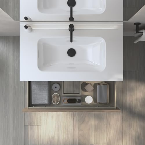 EstiloBaño - Aurora | Conjunto Mueble de Baño SUSPENDIDO con 2 Cajones + Lavabo | Disponible 60-80-100 + Blanco - Nogal 【Ancho 60】 【Nogal】 - imagen 6