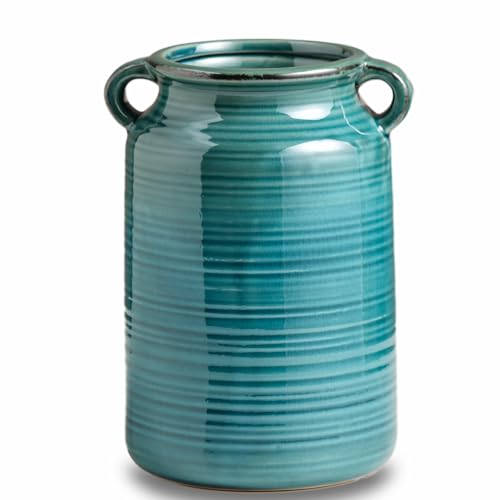 Hydrone Design Double Handle Green Rustic Ceramic Vase Decor (5.9x8.6in)