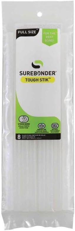 Surebonder Barras de pegamento caliente acrílicas de alta resistencia, tamaño completo, 10 pulgadas, resistentes para una unión superior a superficies difíciles de unir, paquete de 8, color blanco