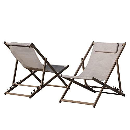 Patiorama Outdoor Folding Beach Sling Chairs Set Of 2, Aluminum Patio Lounge Chair, Portable Beach Chairs, Adjustable Reclining Chairs W/Cushioned Headrest For Pool, Tan Brown Frame & Linen Brown Mesh #TOP7