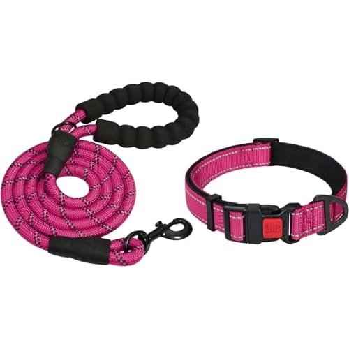 Taglory 16-24" Length, 1" Wide Dog Collar and Leash Set, 1/2" x 6 FT Highly Reflective Threads Dog Leash for Medium and Large Dogs,Hotpink