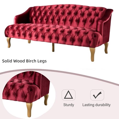Image of Merax 3 Seater Velvet Couch Sofa with Hi-Back & Solid Wood Birch Legs, Mid-Century Modern Style Deep Seat Upholstered Couches for Living Room, Bedroom, Apartment Furniture, Wine Red