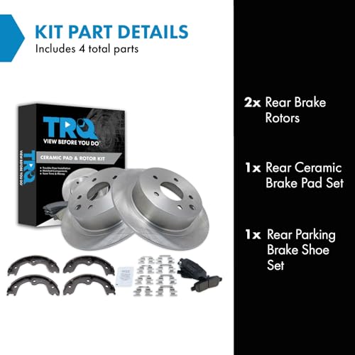 Image of TRQ Rear Brake Pad and Rotor Set Ceramic Rotors Parking Brake Shoe Compatible with 2002-2021 Nissan Altima 2004-2008 Maxima