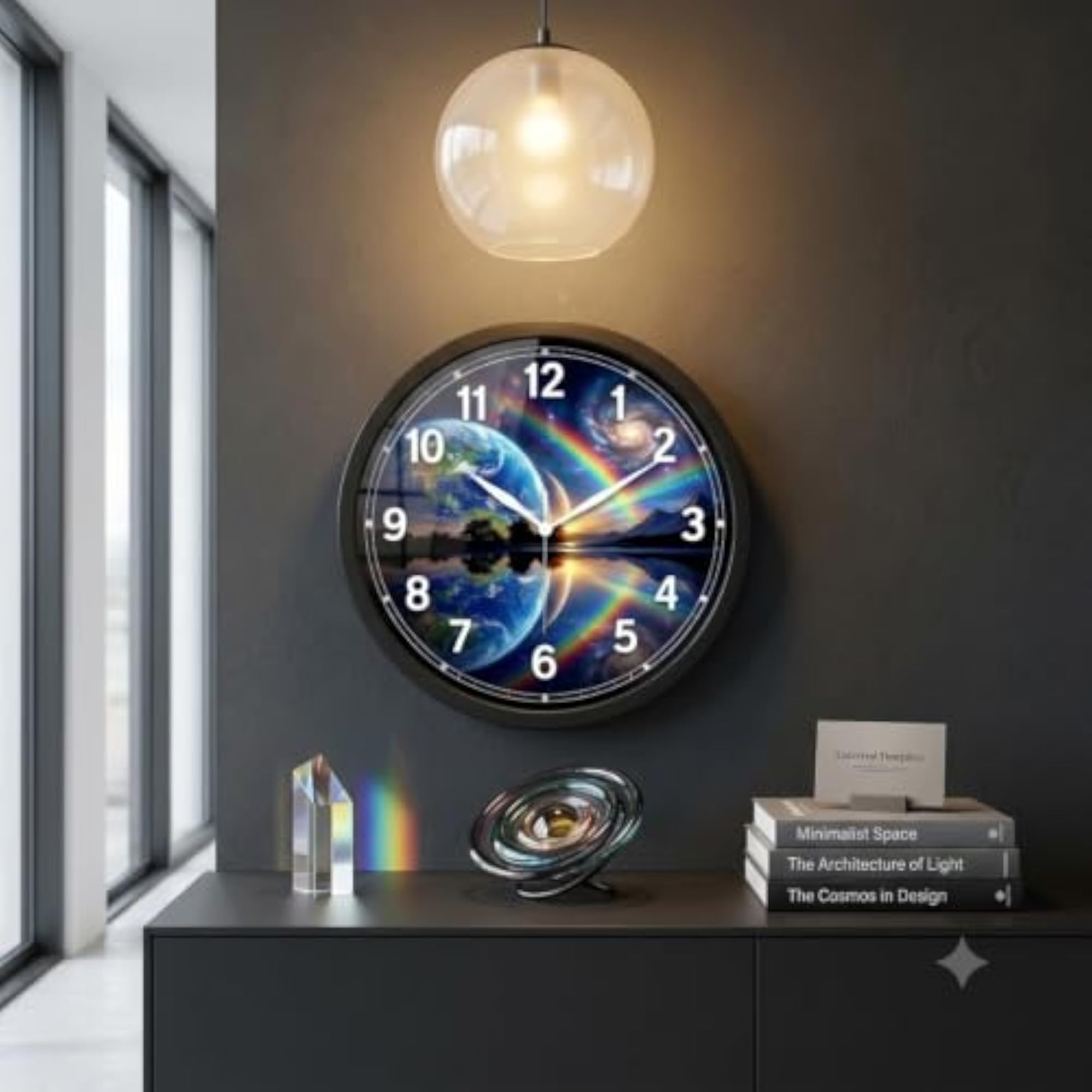 RB Clock Cosmic Earth & Rainbow Wall Clock, Surreal Space Design
