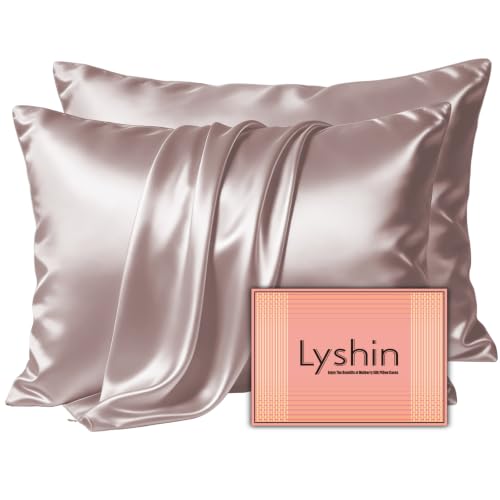 Image of LYSHIN Silk Pillow Cases 2 Pack King Size with Zipper, Taupe | 19 Momme Mulberry Silk Pillowcase for Skin and Hair, Anti-Acne, Hypoallergenic, Cooling, Beauty Sleep, Gifts for Women