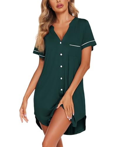 Image of Ekouaer Nightgowns for Women Button Down Night Gowns Short Sleeve Sleep Shirt V Neck Nightshirt Soft Sleepwear Pajams Dress Lake Green Small