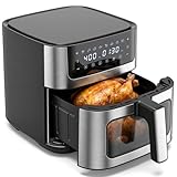 Sweetcrispy 6.34QT Air Fryer, 8-in-1 Air Fryers Oven with Visible Window, 400℉ Fast Heating, Nonstick Dishwasher-Safe Basket, Timer & Auto-Off, Stainless Steel, Black