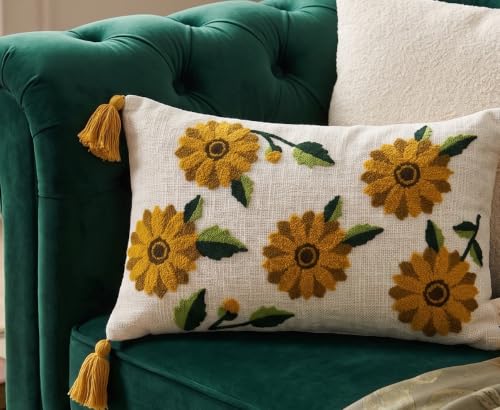Image of Furnistitchs Boho Rectangle Cushion Cover 12x20 inches | Handmade Decorative Throw Pillow Case | Bohemian Home Decor Sofa Bed Cushion Cover Living Room Bedroom (1, Mustard Floral Buds, 12x20 inches)