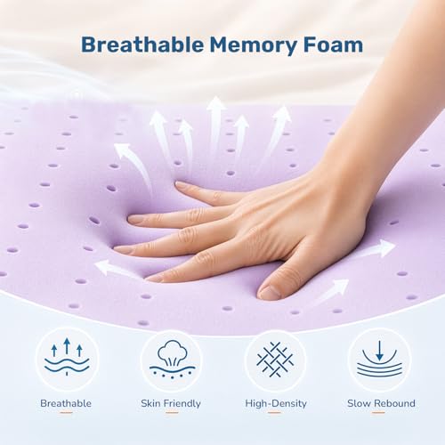 Image of DUMOS 1.5 Inch Cooling Memory Foam Mattress Topper Twin XL, Gel Ventilated Soft Pressure Relief Mattress Pad, Breathable Bed Topper for Bedroom, RV and Sleeper Sofa, CertiPUR-US Certified, Purple