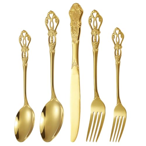 TOYANDONA Service Vaisselle Acier Inoxydable Set de Couverts Vintage Doré pour Dîner Couteau Steak Fourchette Cuillère Kit Ustensiles Cuisine Élégant et Pratique pour Table