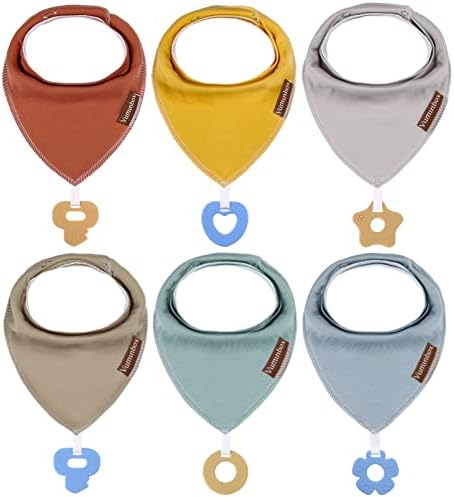 vuminbox Baby Bandana Drool Bibs 6-Pack and Teething Toys 6-Pack Made with 100% Organic Cotton, Absorbent and Soft Unisex (6 Solid Colors)