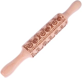 Ciieeo Halloween Pumpkin Cookie Mold Rolling Pin 13.8 Inch Engraved Dough Roller for Baking Cookies Pastries Noodles Non-Slip Handle for Home Bakery Craft