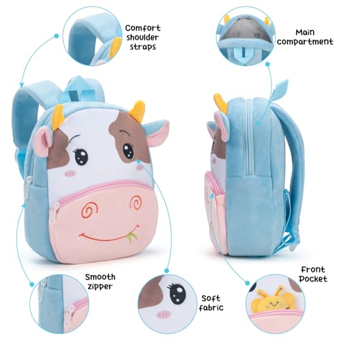 Toddler Backpack for Boys Girls - Plush Animal Cartoon Backpack for Kids 2-6 Years - Toddler Bookbag with Bee Keychain (Cow)4