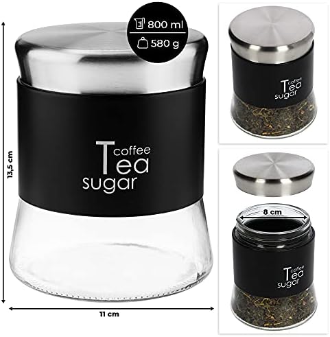 KADAX Storage Jar 750 ml, Large Glass Container with Metal Lid, Transparent Kitchen Canister for Storing Coffee Beans, Tea Leaves, Sugar (Black)