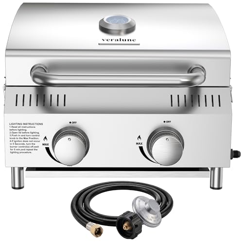 Veralune Tabletop Gas Grill, 2 Burners Portable Propane Grill, Camping Cooking Grill with Travel Lock for Camping, RV, Backyard BBQ