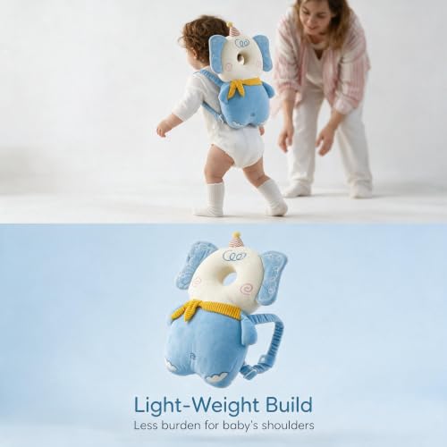 Image of Baby Head Protection Backpack - Soft Lightweight Fall Cushion for Toddlers During Crawling & Walking, Helps Ease Impact from Backward Tumbles(Blue Elephant)