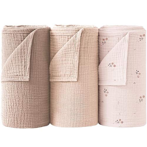 Bearmoss 100% Algodón Mantas Envolventes de Muselina para Bebé 3PCS, Mantas Swaddle de Muselina de Algodón Bebé Recien Nacido,Muselina Manta Bebé Suave y Transpirable para Bebé,96x102cm (Flores)