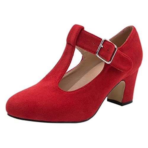ErikenUrben Mujer Mary Jane Zapatos Punta Cerrada T-Strap Tacón Ancho Pumps Hebilla Red Size 40 Asian Cover