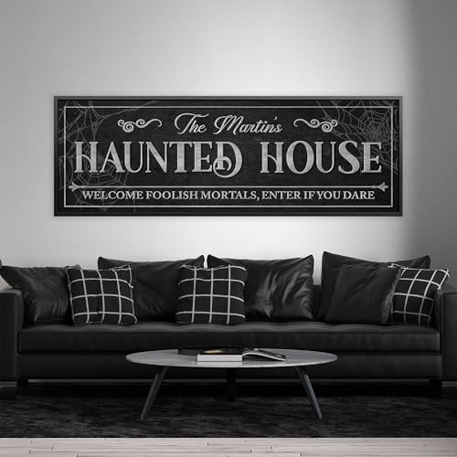AWESOMETIK Haunted House Room Sign Personalized Canvas Wall Decor with Custom Family Name Vintage, Custom Vintage Haunted House Room Decor, Entertainment Hall Living Room Lounge