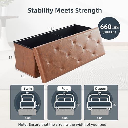 Foldable Storage Ottoman Bench, Synthetic Leather Storage Chest, End of Bed Foot Rest Stool with Padded Seat, 43 Inch Bedroom Bench for Living Room, Support 660lbs, Brown by CangLong - Used condition - Image 2