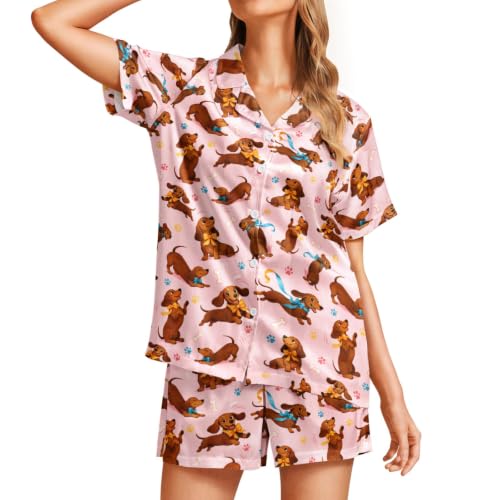 Image of Funny Satin Pajamas Set for Women Button Down Sleepwear Print Pjs Set 2 Piece Short Sleeve Loungewear Gift for Women