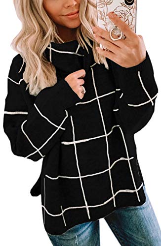 Image of ECOWISH Women Fall Pullover Sweater Turtleneck Plaid Long Sleeve Loose Casual Chunky Checked Knit Winter Sweaters Jumper Tops