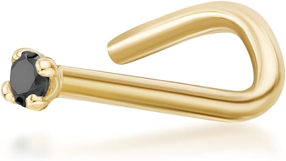 Lavari Jewelers 0.01 to 0.07 Carat Black Diamond Curved Screw Nose Stud for Women - 14k White or Yellow Gold Nose Ring for Her - 22 Gauge Unisex Nostril Jewelry - 22G Body Piercing for Men