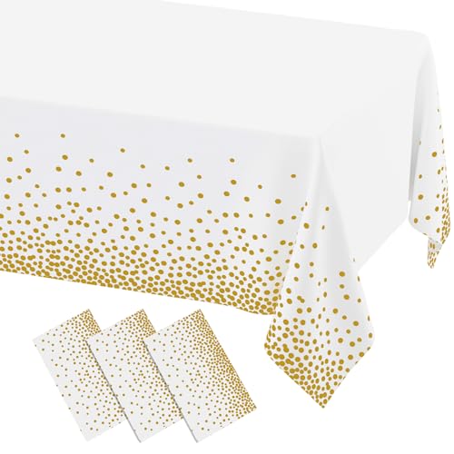 misaya 3 Packs Dot Disposable Table Cloth 54 x 108 Inch Waterproof Plastic Tablecloth Rectangle Gold Dots in White Table Covers for Picnic Birthday Party and Back to School